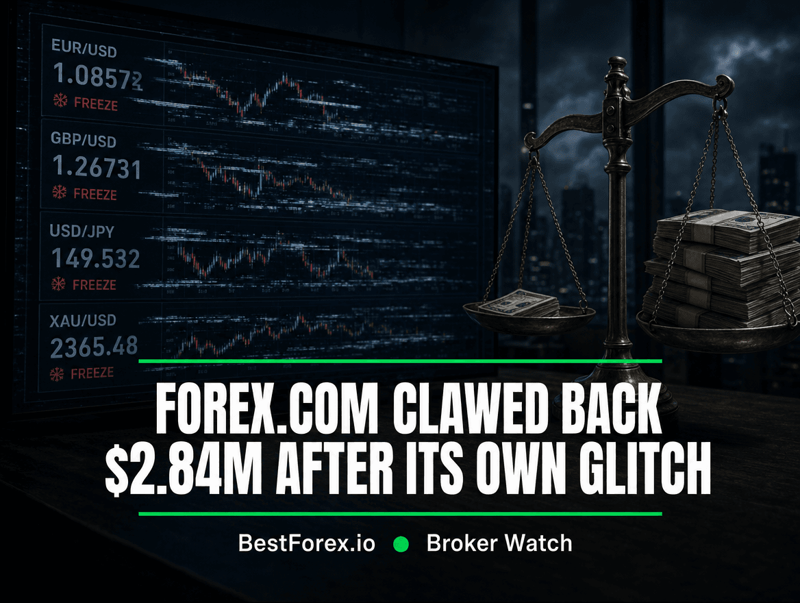 Dim room with a glowing forex platform screen showing frozen, glitching price quotes beside unbalanced brass scales pulling stacks of money back toward the broker — FOREX.com clawed back $2.84 million after its own glitch. BestForex.io Broker Watch.