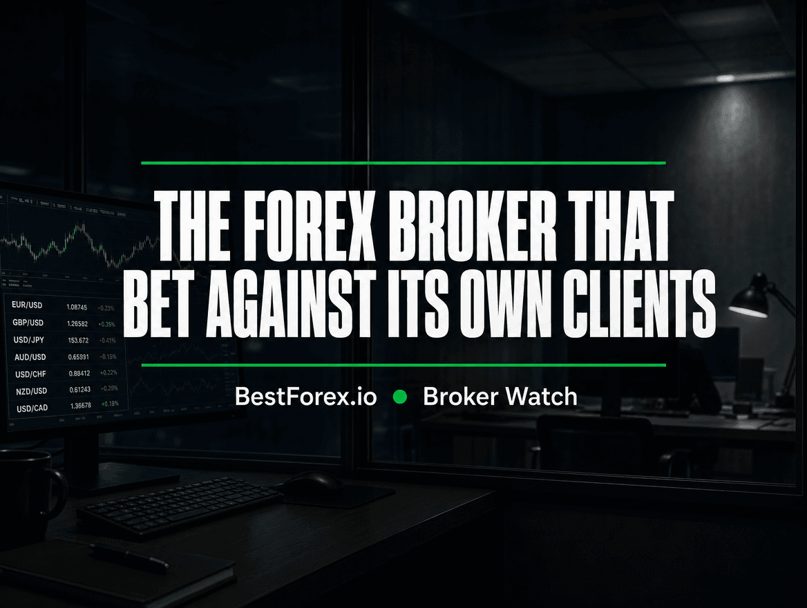 Dim night trading room with a glowing forex platform screen and a shadowed second dealing desk behind a two-way mirror facing it — FXCM fined $7 million and banned from the US for betting against its own clients. BestForex.io Broker Watch.