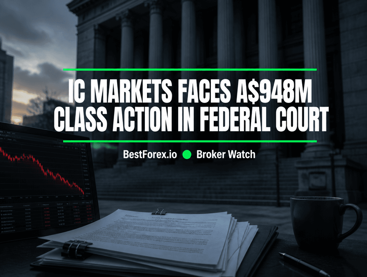 Australian Federal Court stone columns at dawn, foreground trading terminal showing red CFD drawdown chart and a consolidated statement of claim — IC Markets A$948M class action. BestForex.io Broker Watch.
