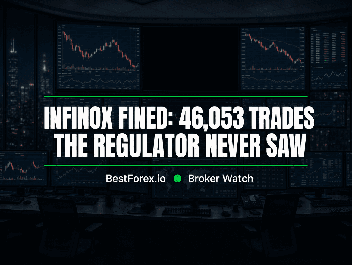Dim market-surveillance operations room at night, a wall of monitors streaming trading data with one central screen showing a blacked-out gap in the data feed — Infinox fined for 46,053 missing transaction reports. BestForex.io Broker Watch.