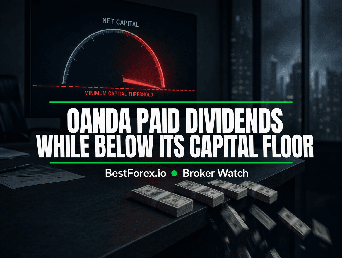 Dim office with a glowing net-capital gauge dropping into a red zone below a marked minimum threshold as stacks of currency slide off a dark desk — OANDA fined $500,000 for paying dividends below its capital floor. BestForex.io Broker Watch.