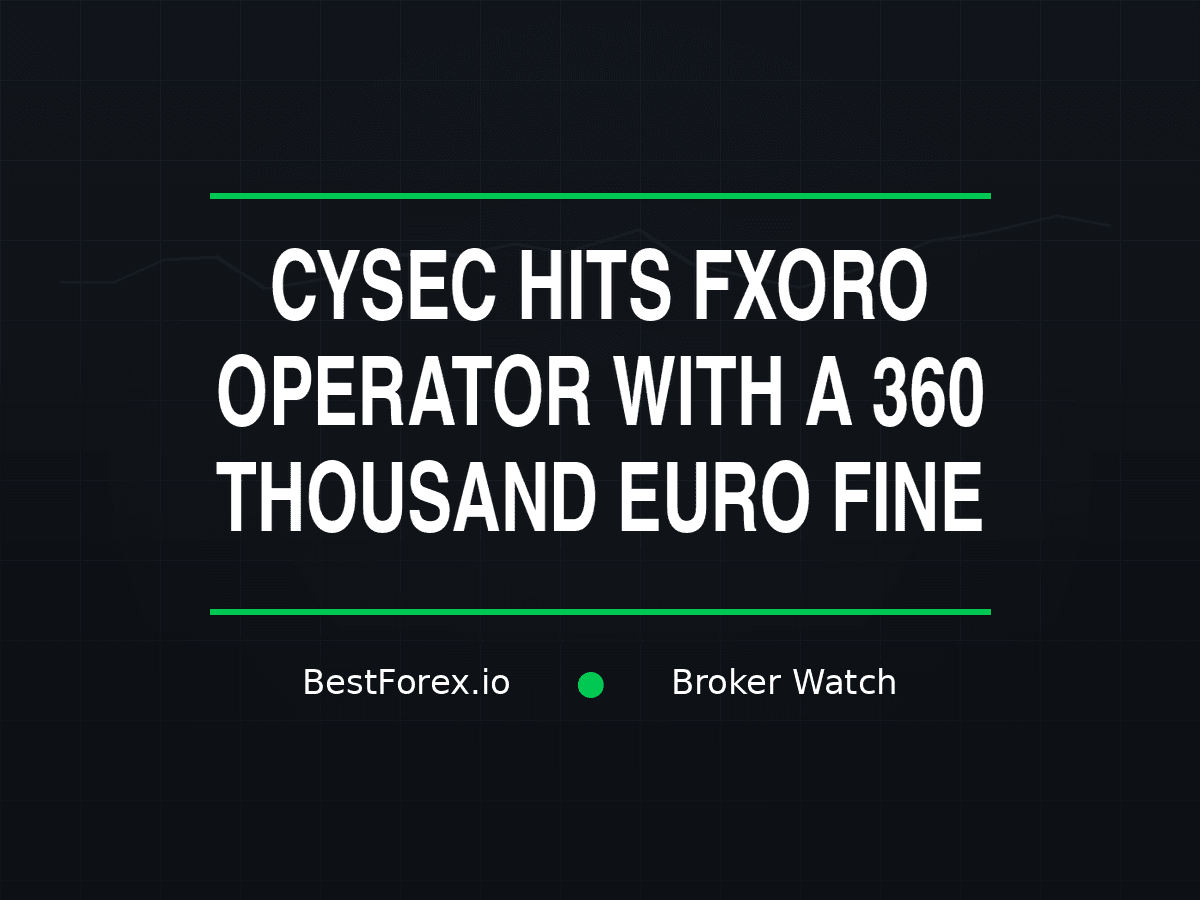 CySEC administrative fine of 360,000 euro on compliance documents for MCA Intelifunds, FXORO brand visible on screen, investment law breach report from 2022 inspection — FXORO operator fined 360,000 euro by CySEC. BestForex.io Broker Watch.