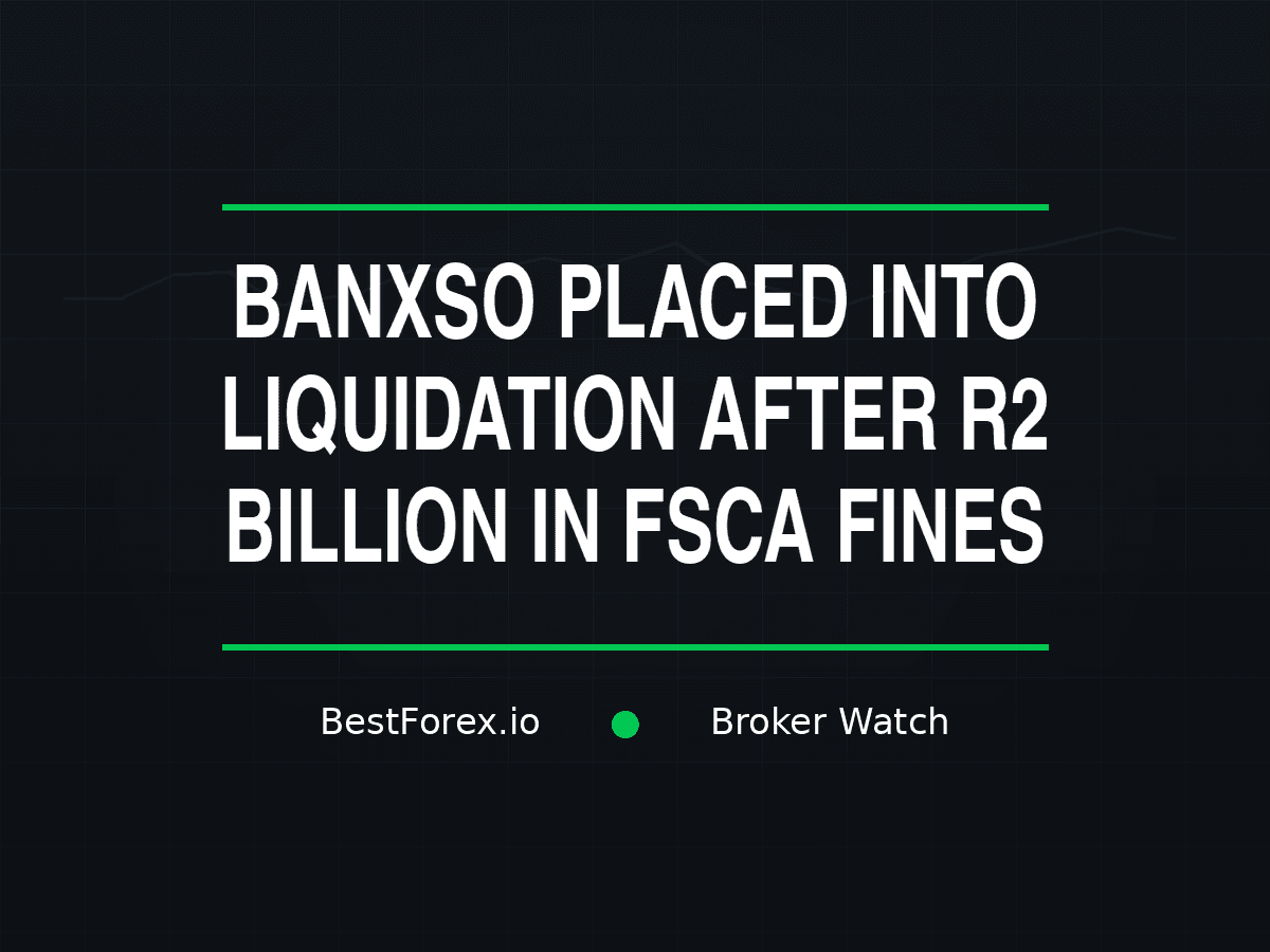Cape High Court liquidation order on a desk next to a frozen Banxso trading terminal, FSCA enforcement documents stacked behind it, and seized laptops in the foreground — Banxso placed into final liquidation after R2 billion in FSCA fines. BestForex.io Broker Watch.