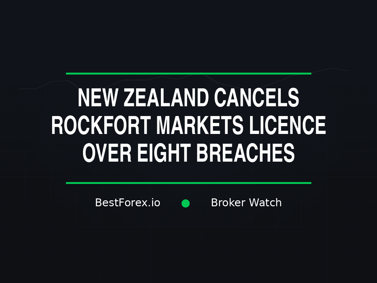 FMA New Zealand licence cancellation order on a regulatory desk with Rockfort Markets branding, eight breach violations listed — New Zealand cancels Rockfort Markets derivatives licence over eight breaches. BestForex.io Broker Watch.