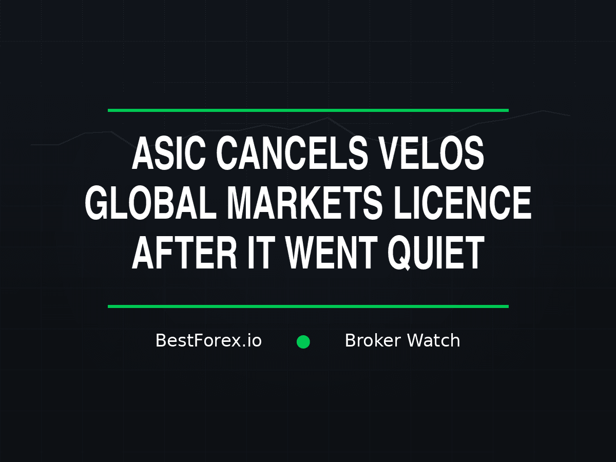 ASIC licence cancellation notice on a desk with Velos Global Markets branding, an inactive trading terminal and a parked service status indicator — ASIC cancels Velos Global Markets licence after inactivity. BestForex.io Broker Watch.
