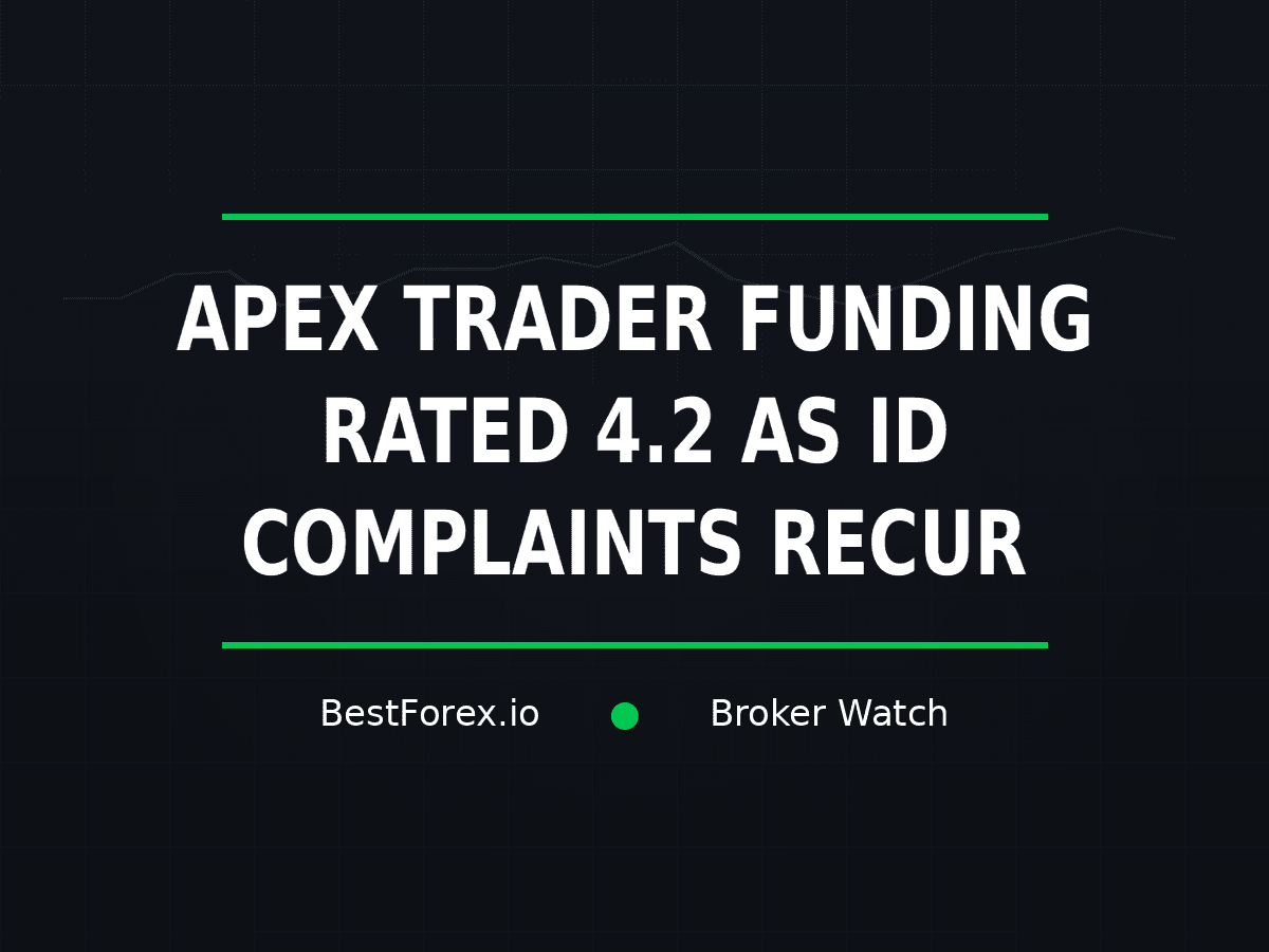Apex Trader Funding rated 4.2 while reviewers describe recurring identity-verification delays — BestForex.io Broker Watch