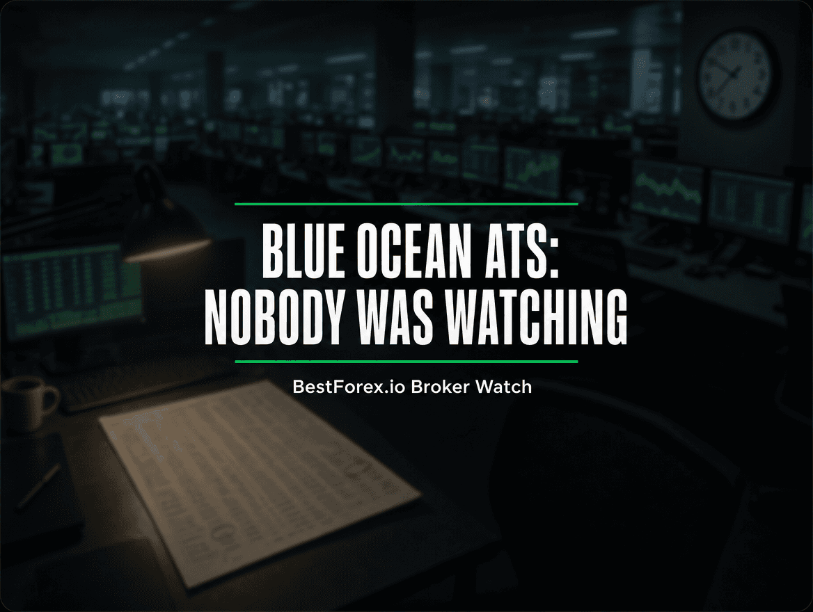 Empty overnight trading operations room — Blue Ocean ATS FINRA enforcement action. BestForex.io Broker Watch regulatory analysis.