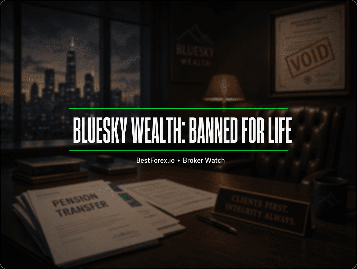 Financial adviser's abandoned office with pension transfer documents and a voided certificate — Bluesky Wealth FCA enforcement. BestForex.io Broker Watch.