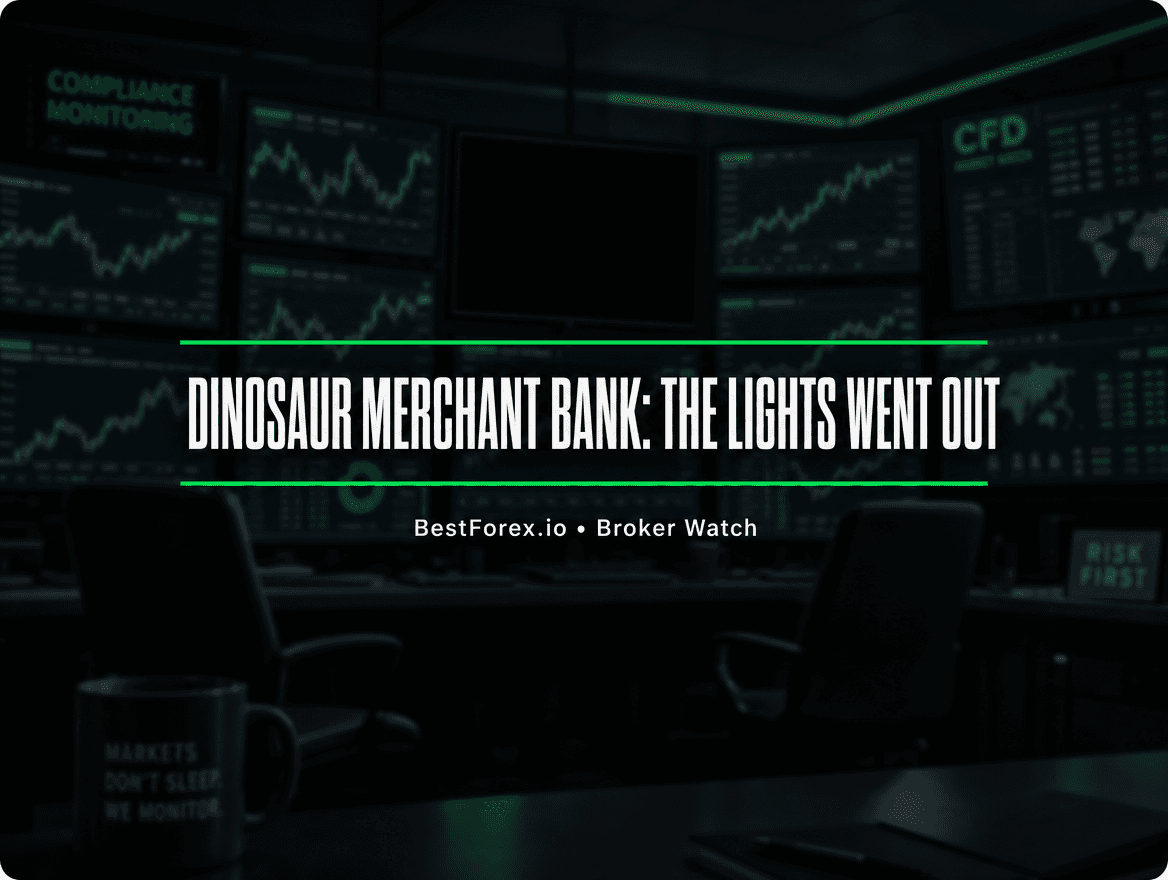 CFD compliance monitoring room with one dark screen — Dinosaur Merchant Bank FCA enforcement. BestForex.io Broker Watch.