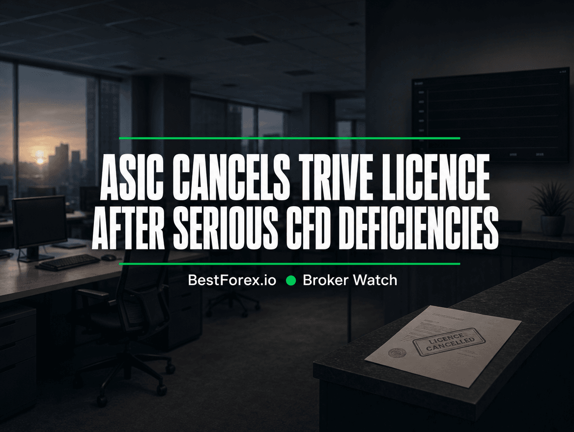 Empty Australian brokerage office at dawn, chairs pushed back from bare desks, a dark trading screen showing no activity, a stamped regulatory notice resting on the reception counter — ASIC cancels Trive licence after serious CFD deficiencies. BestForex.io Broker Watch.