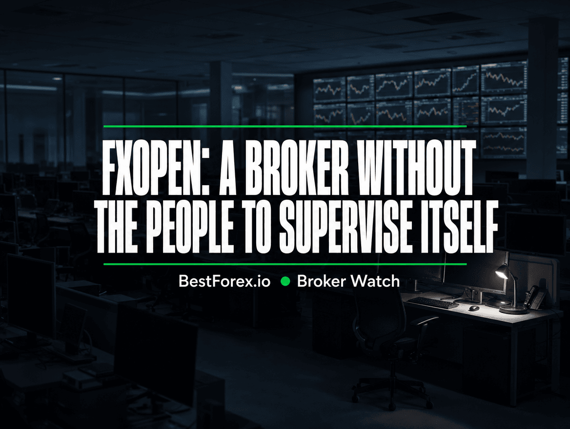 Dim brokerage compliance floor at night with almost every desk empty, a single lit workstation surrounded by vacant chairs and unattended forex price screens — FXOpen AU loses its Australian licence over inadequate human resources. BestForex.io Broker Watch.