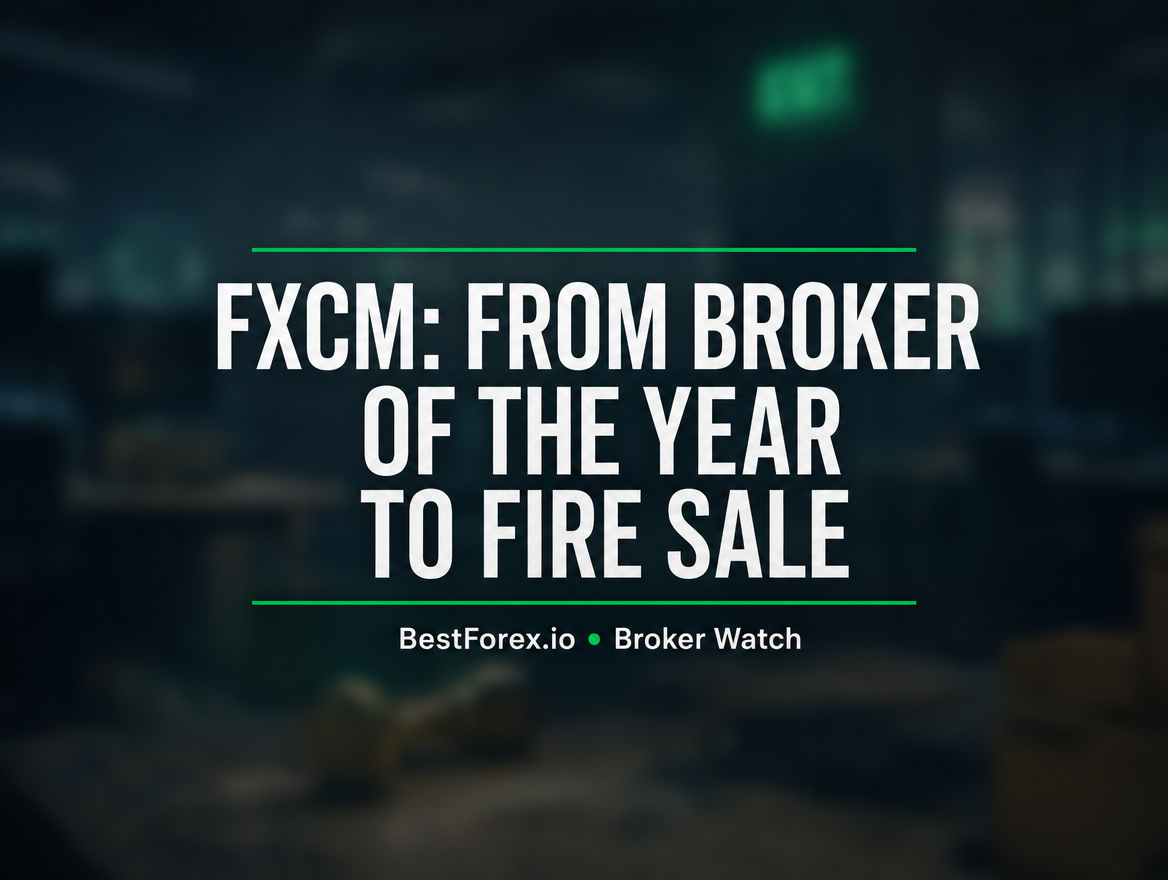 FXCM award trophy toppled on empty trading floor — BestForex.io Broker Watch editorial cover for fire sale analysis
