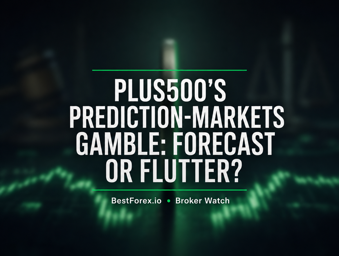 Spinning coin balanced on glowing financial chart with courtroom scales in background — BestForex.io Broker Watch editorial exploring prediction markets regulatory uncertainty